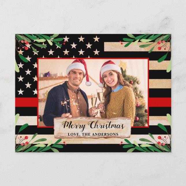 Firefighter Thin Red Line American Flag Christmas Holiday Postcard (Front)