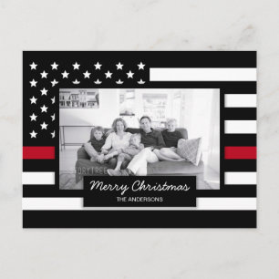 Firefighter Thin Red Line American Flag Photo Holiday Postcard