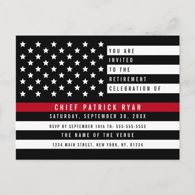 Firefighter Thin Red Line American Flag Retirement Postcard (Front)