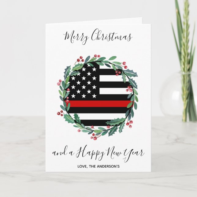Firefighter Thin Red Line Christmas Wreath Holiday Card (Front)