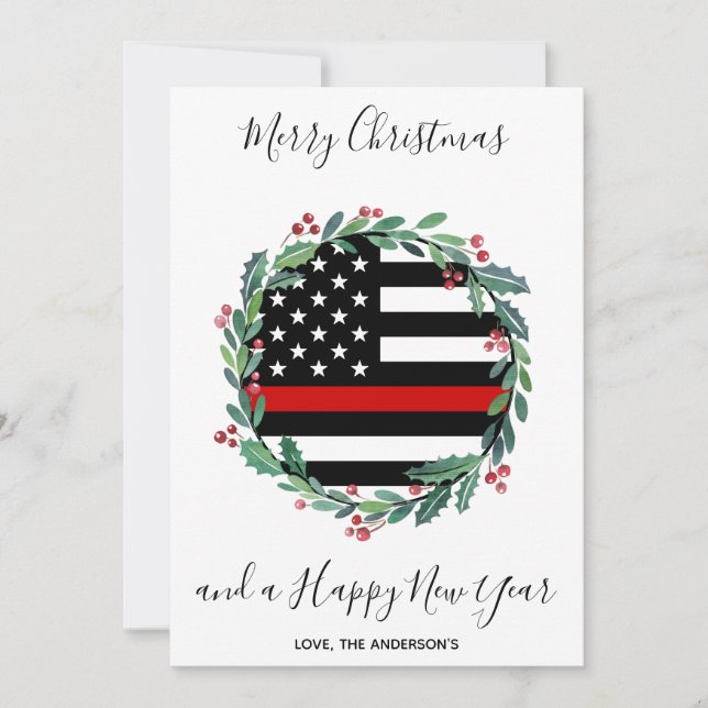 Firefighter Thin Red Line Christmas Wreath Holiday Card (Front)