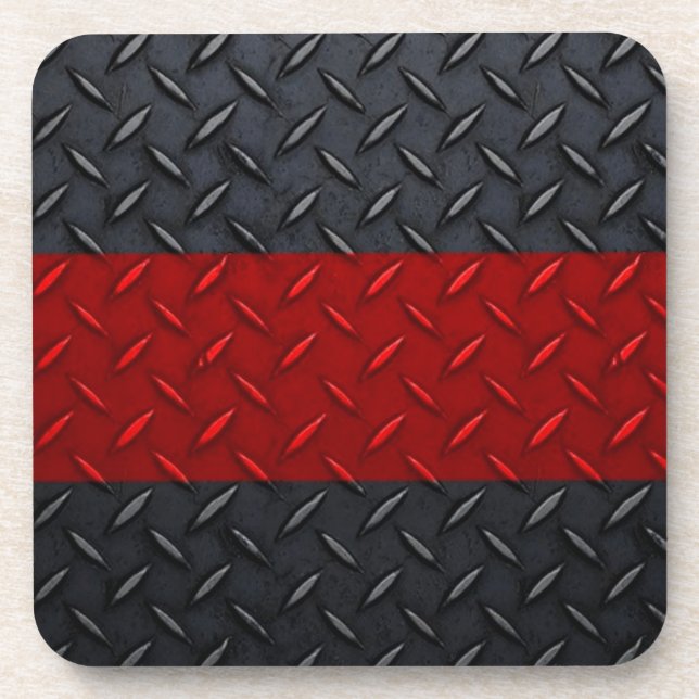 Firefighter Thin Red Line Diamond Plate Coaster (Front)