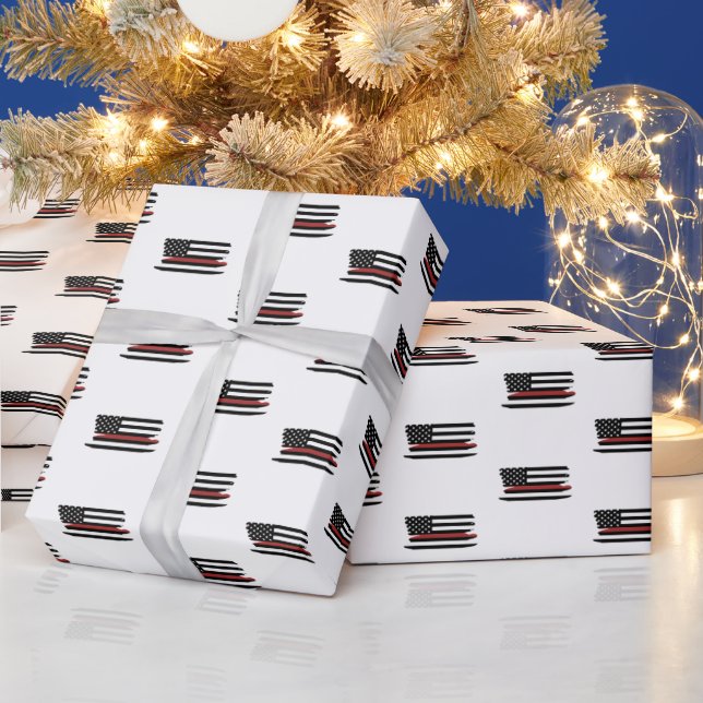 Firefighter Thin Red Line Fire Rescue America Flag Wrapping Paper (Holidays)