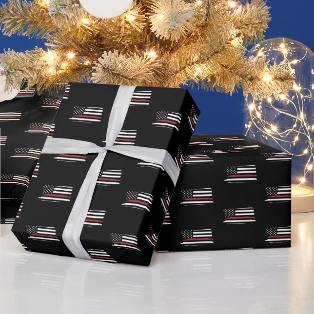Firefighter Thin Red Line Fire Rescue America Flag Wrapping Paper (Holidays)