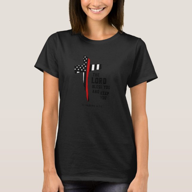 Firefighter Thin Red Line Flag With Cross T-Shirt (Front)