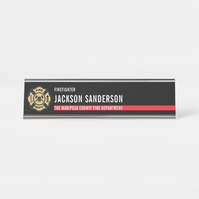 Firefighter Thin Red Line Logo Fire Department Desk Name Plate (Front)