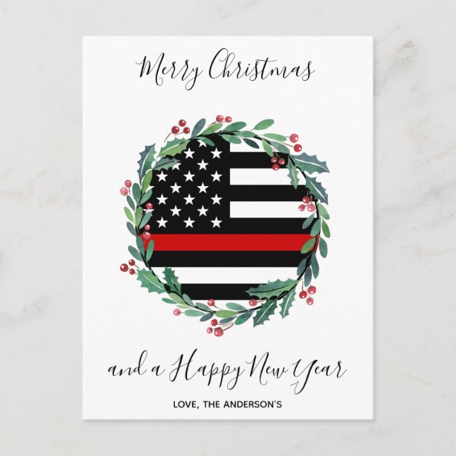 Firefighter Thin Red Line Modern Christmas Wreath Holiday Postcard (Front)