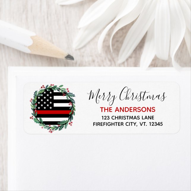 Firefighter Thin Red Line Wreath Return Address Label (Insitu)