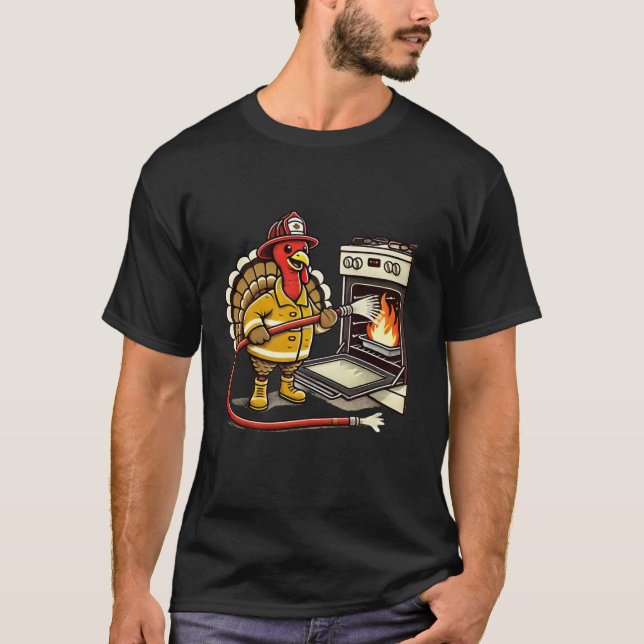 Firefighter Turkey Funny Thanksgiving Animal Oven  T-Shirt (Front)
