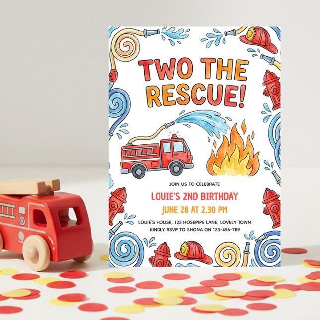 Firefighter Two The Rescue 2nd Birthday Invitation (Two the Rescue - 2nd Birthday Invitation for your little fire fighter's party)