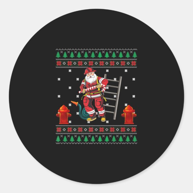 Firefighter Ugly Christmas Sweater Xmas Boys Girls Classic Round Sticker (Front)