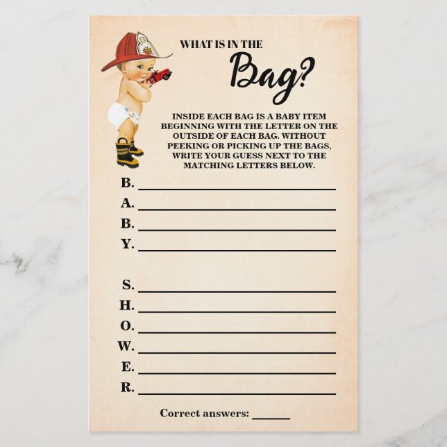Firefighter What is in the Bag Baby Shower Game Flyer (Front)