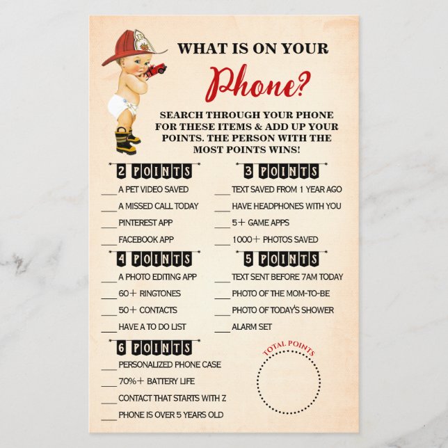 Firefighter What is on your Phone Shower Game Card (Front)