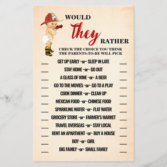 Firefighter Would They Rather Shower Game Card (Front)