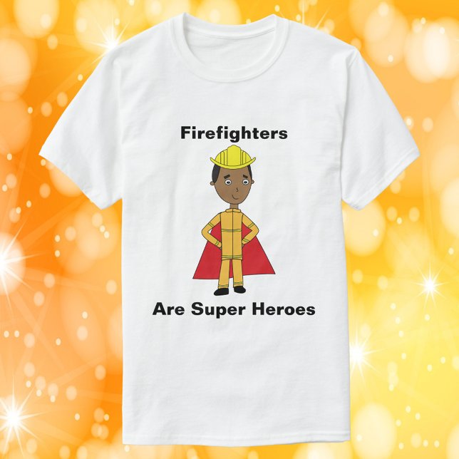 Firefighters Are Super Heroes Black T-Shirt (A shirt featuring a black firefighter and the text Firefighters Are Super Heroes)