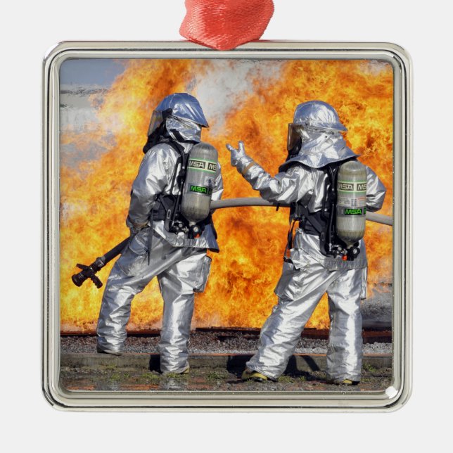 Firefighters battle a simulated fire metal ornament (Front)
