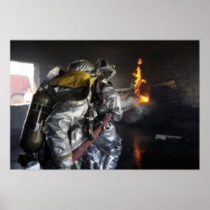 Firefighters extinguish a fire in a training ro poster