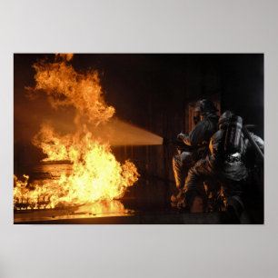 Firefighters extinguish a simulated battery fir poster