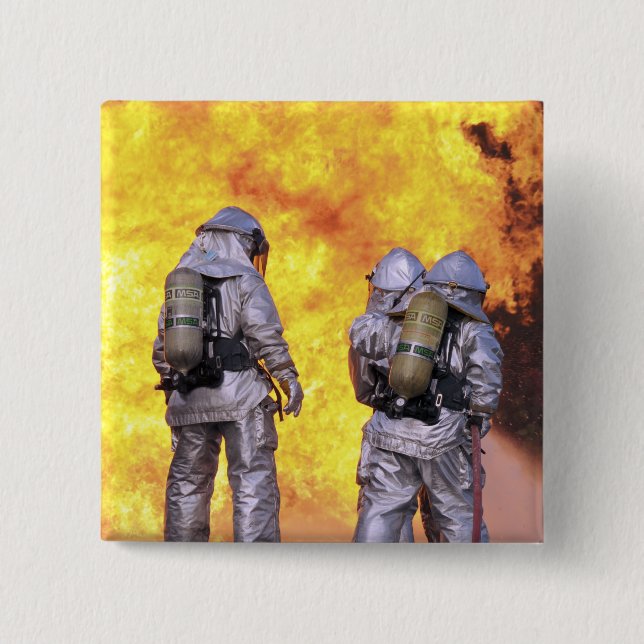 Firefighters extinguish an aircraft fire 15 cm square badge (Front)