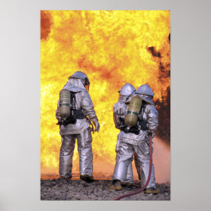 Firefighters extinguish an aircraft fire poster