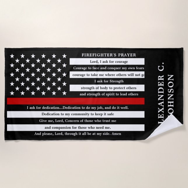 Firefighter's Prayer Personalised Thin Red Line Beach Towel (Front)