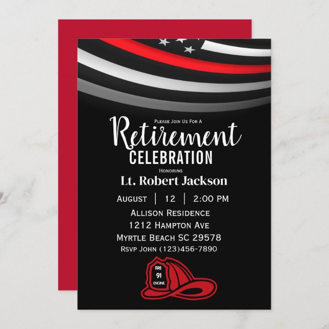  Firefighters Retirement Thin Red Line Fire Hat Invitation (Front/Back)
