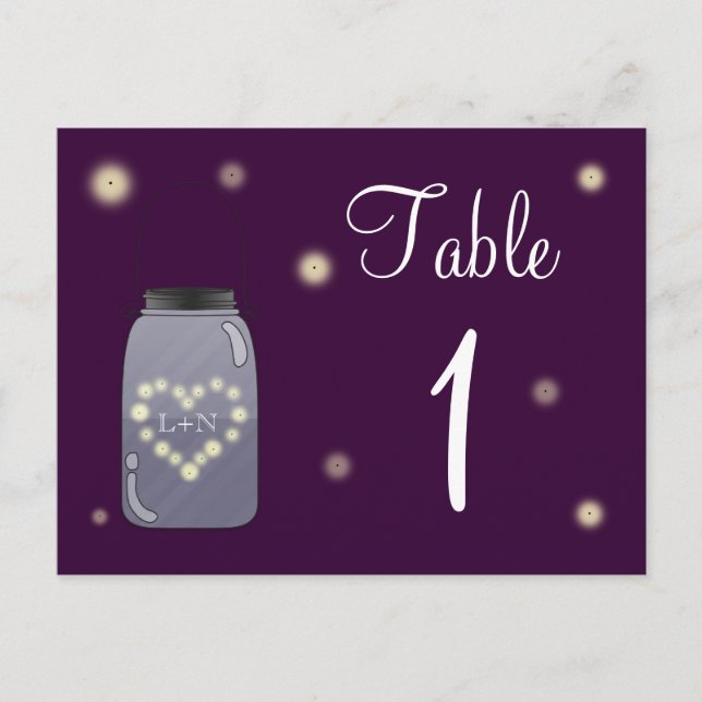 Fireflies and Mason Jar Heart Love Table Number Postcard (Front)