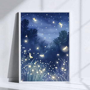 Fireflies at Night   Firefly Blue Watercolor Poster
