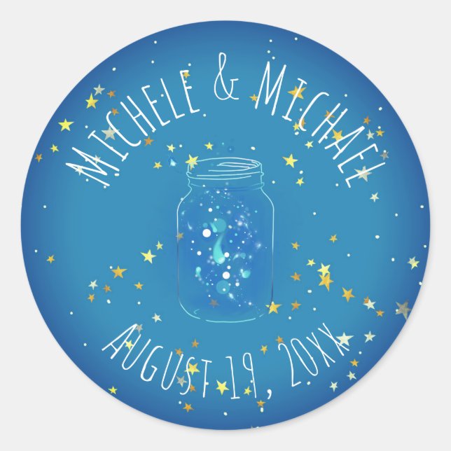 Fireflies in Jar Personalised Names Date Star Back Classic Round Sticker (Front)