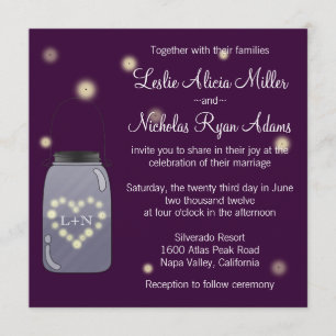 Fireflies in Mason Jar Heart Wedding Invitation