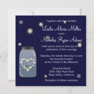 Fireflies in Mason Jar Heart Wedding Invitation
