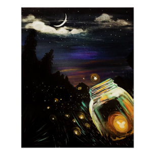 Fireflies Mason Jar Moonlit Night Cottagecore Poster
