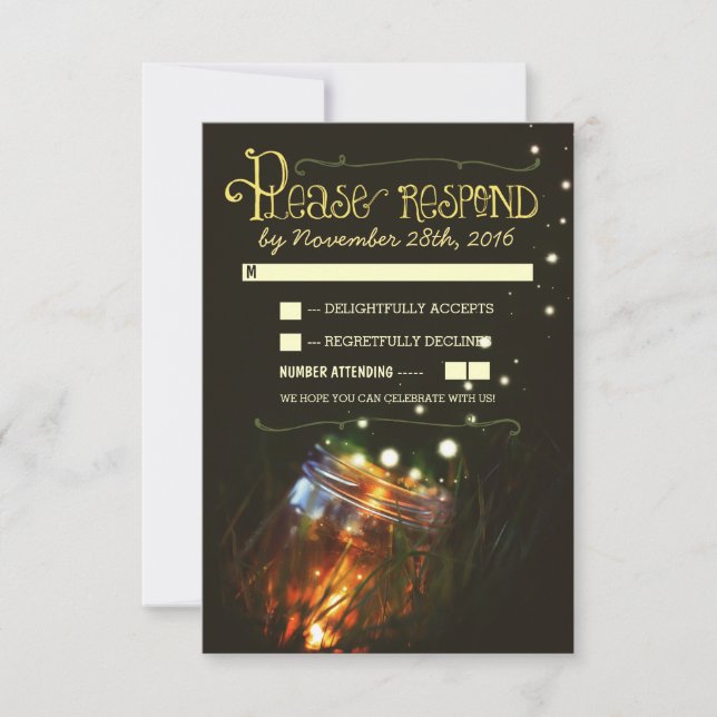 fireflies mason jar rustic garden wedding RSVP Card (Front)