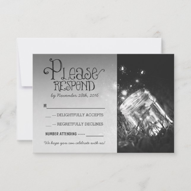 fireflies mason jar rustic garden wedding RSVP Card (Front)