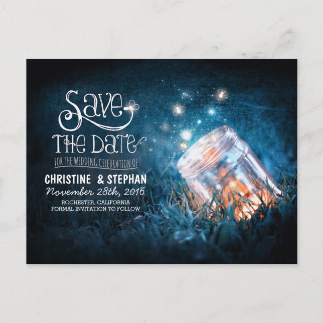 fireflies mason jar rustic romantic save the date announcement postcard (Front)