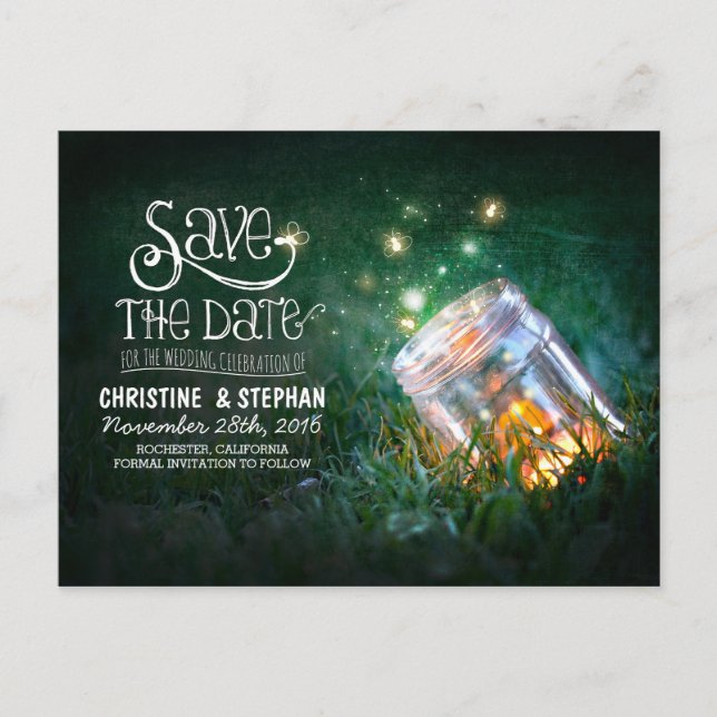 fireflies mason jar rustic romantic save the date announcement postcard (Front)