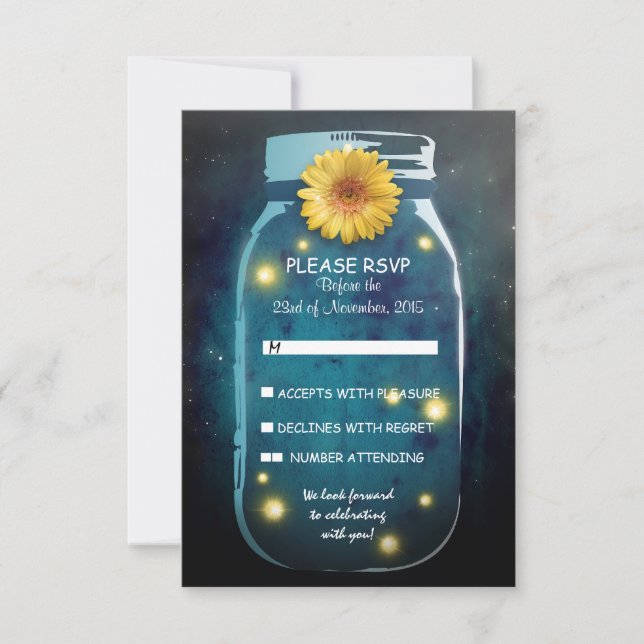 Fireflies & Mason Jar Whimsical Wedding RSVP Card (Front)