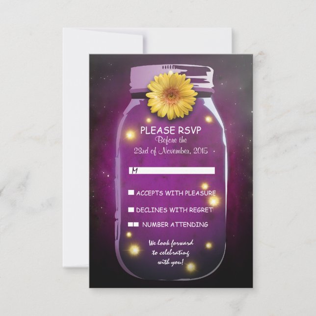 Fireflies & Mason Jar Whimsical Wedding RSVP Card (Front)