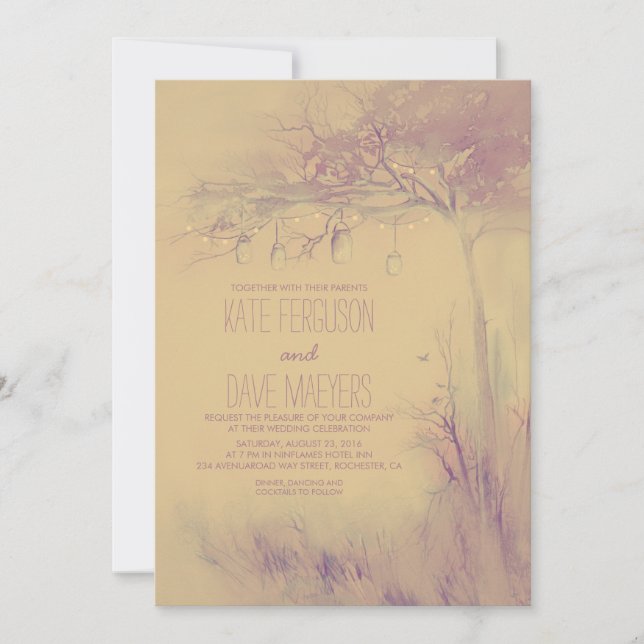 Fireflies Mason Jars Rustic Tree Wedding Invites (Front)