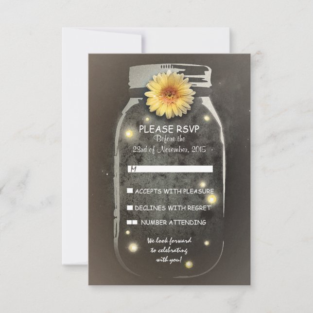 Fireflies& Rustic Mason Jar Whimsical Wedding RSVP (Front)