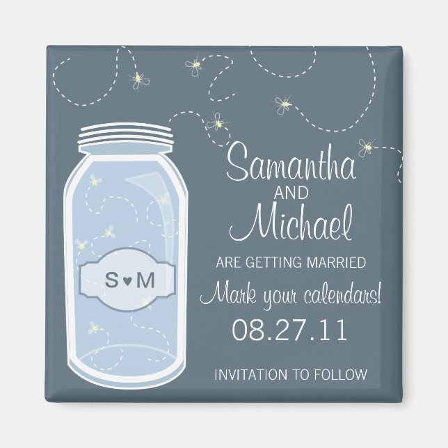 Fireflies & Vintage Mason Jar Save the Date Magnet (Front)
