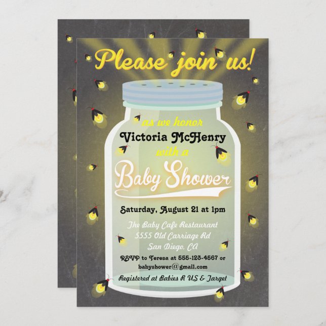 Firefly Chalkboard Mason Jar Baby Shower Invites (Front/Back)