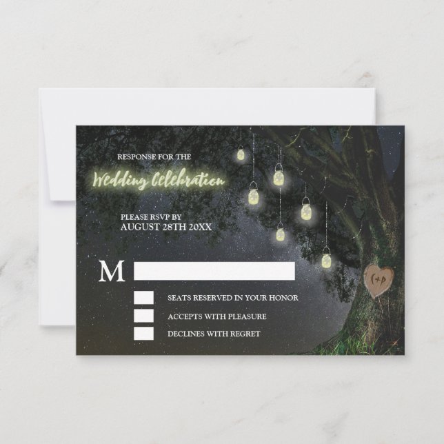 Firefly Mason Jar Oak Tree Wedding RSVP Cards (Front)