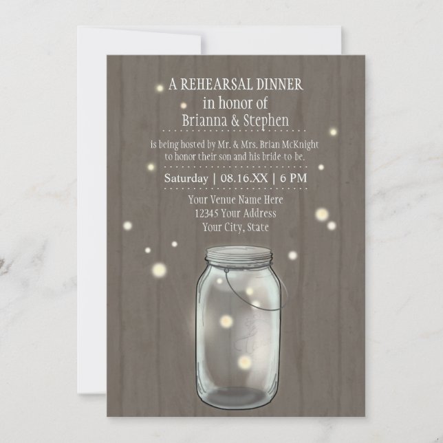 Firefly Mason Jar Rustic Country Rehearsal Dinner Invitation (Front)