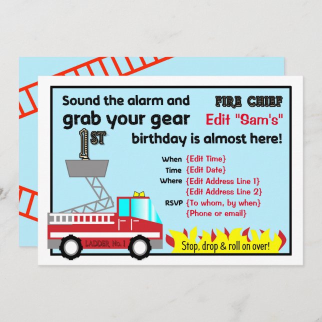 Fireman 1st birthday party invitations Firefighter (Front/Back)