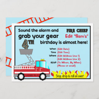 Fireman 4th birthday party invitations Firefighter