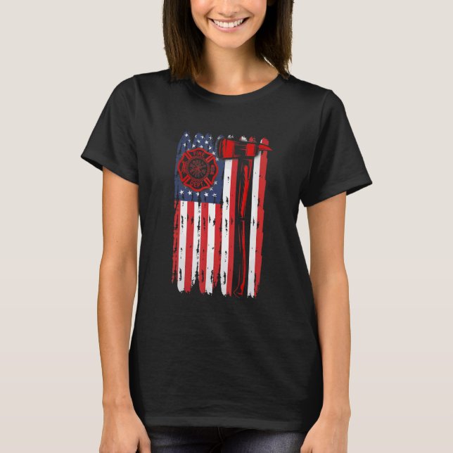 Fireman American Flag Graphics Firefighter Labour  T-Shirt (Front)