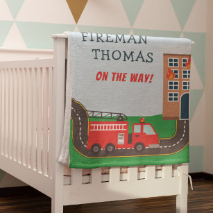 Fireman and Fire Truck with First Name Little Boy Baby Blanket