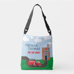 Fireman and Fire Truck with First Name Little Boy Crossbody Bag