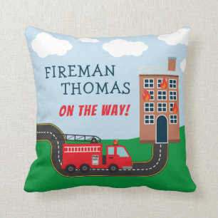 Fireman and Fire Truck with First Name Little Boy Cushion